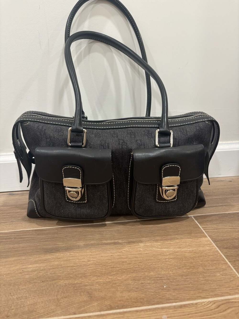 Dooney & Bourke Double Pocket Satchel Handbag Black Grey Denim Leather